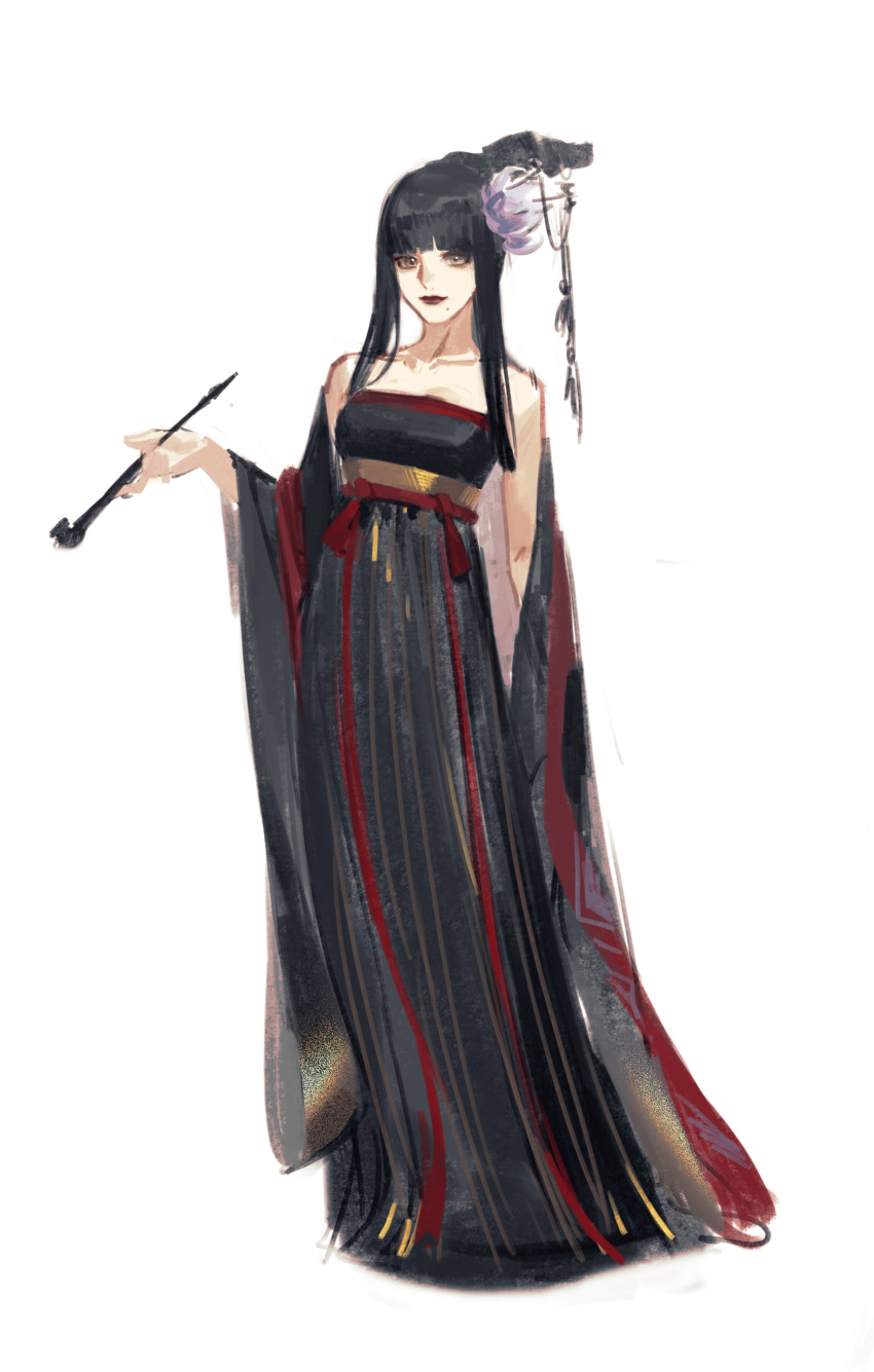 1girl absurdres bare_shoulders black_dress black_hair blunt_bangs dress final_fantasy final_fantasy_xiv full_body grey_eyes hair_bun highres holding holding_smoking_pipe hyur lipstick looking_at_viewer makeup mole mole_under_mouth red_lips shuangbatian sidelocks smoking_pipe solo white_background yotsuyu_goe_brutus