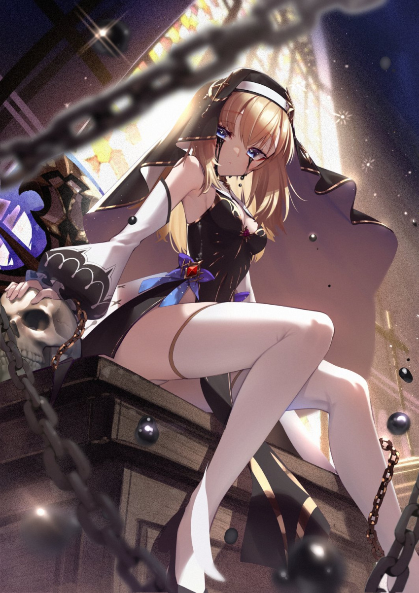+_+ 1girl black_tears blonde_hair blue_eyes boots breasts chain cluseller commentary_request detached_sleeves habit high_heel_boots high_heels highres long_hair looking_at_viewer nun original panties pelvic_curtain sitting skull small_breasts solo symbol-shaped_pupils thigh_boots underwear white_panties window