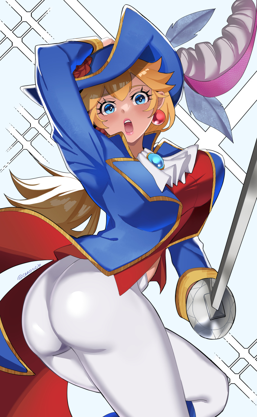 1girl absurdres ascot ass blonde_hair blue_eyes blue_gemstone blue_headwear blue_jacket blush breasts brooch ceroccb earrings flower from_behind gem gloves hat hat_feather hat_flower highres holding holding_sword holding_weapon jacket jewelry large_breasts long_hair looking_at_viewer mario_(series) open_clothes open_jacket open_mouth pants ponytail princess_peach princess_peach:_showtime! rapier red_flower red_rose red_vest rose sideboob solo sphere_earrings sword swordfighter_peach tight_clothes tight_pants vest weapon white_ascot white_pants