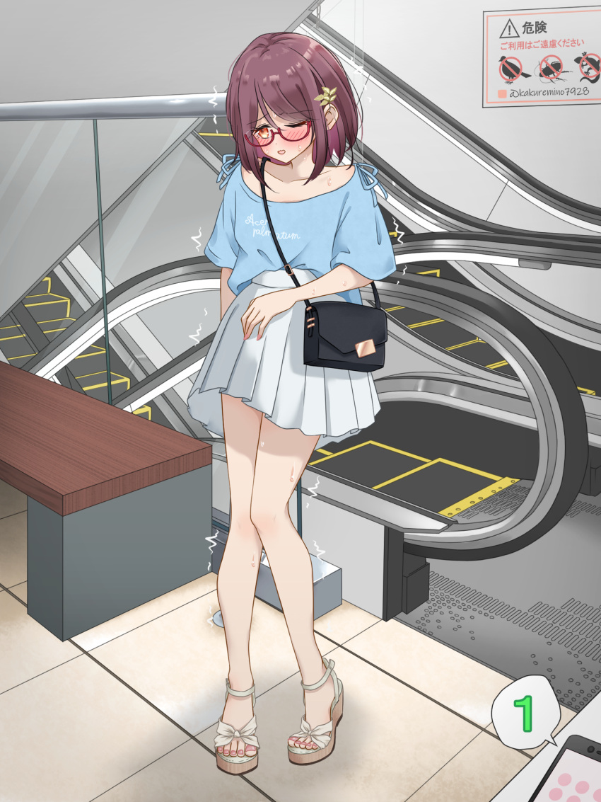 1girl arm_at_side artist_name bag bench blue_shirt blush cellphone clothes_writing collarbone commentary_request embarrassed escalator flat_chest full_body glasses handbag heel_up highres indoors kakuremino7928 knees_together_feet_apart legs looking_to_the_side miniskirt nail_polish one_eye_closed open_mouth orange_eyes original phone pink_nails pleated_skirt public_indecency purple_hair raised_eyebrows red-framed_eyewear remote_control_vibrator sandals semi-rimless_eyewear sex_toy shirt shirt_tucked_in short_hair short_sleeves shoulder_bag sidelocks sign signature skirt smartphone solo speech_bubble stairs standing sweat thighs tile_floor tiles toenail_polish toenails translation_request trembling twitter_username vibrator vibrator_under_clothes white_footwear white_skirt wince