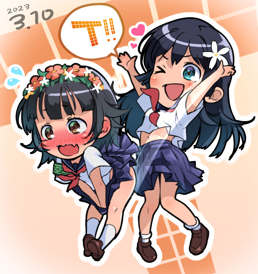 &gt;_o 2girls arms_up black_hair blue_eyes blue_sailor_collar blue_skirt blush brown_eyes brown_footwear chibi clothes_lift dated embarrassed fang flower green_armband hair_flower hair_ornament head_wreath heart highres holding holding_clothes holding_skirt implied_pantyshot logo long_hair midriff miniskirt multiple_girls neckerchief nose_blush one_eye_closed open_mouth red_neckerchief sailor_collar sakugawa_school_uniform saten_ruiko school_uniform serafuku shirt short_hair short_sleeves skin_fang skirt skirt_lift socks summer_uniform sweatdrop toaru_kagaku_no_railgun toaru_majutsu_no_index uiharu_kazari white_shirt white_socks yonabe