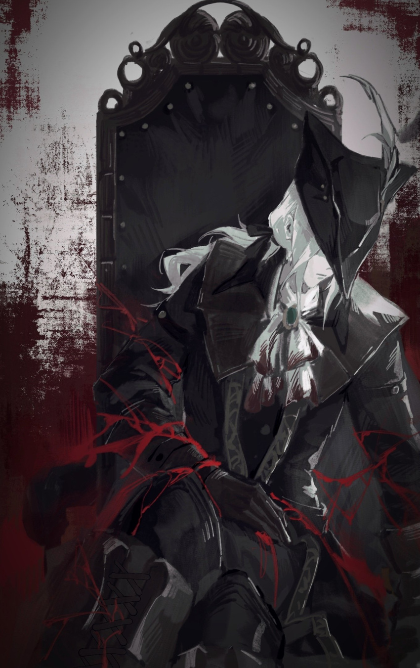 1girl blood blood_on_arm blood_on_clothes blood_on_wall blood_stain bloodborne coat colored_skin gloves grey_hair hat hat_feather highres jacket jiao_chang lady_maria_of_the_astral_clocktower solo throne tricorne white_skin