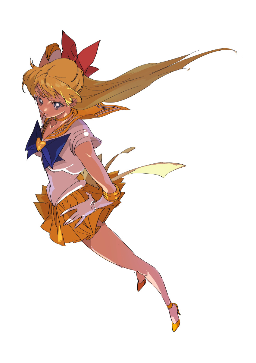 1girl absurdres aino_minako bishoujo_senshi_sailor_moon blue_bow bow breasts full_body gloves highres magical_girl murimajimuri orange_footwear orange_sailor_collar orange_skirt red_bow sailor_collar sailor_venus simple_background skirt solo standing white_background white_gloves