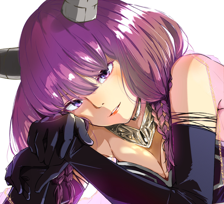 1girl aura_(sousou_no_frieren) bare_shoulders black_gloves braid breasts cleavage elbow_gloves glint gloves highres horns looking_at_viewer medium_breasts purple_eyes purple_hair sexysinsi2 simple_background solo sousou_no_frieren white_background