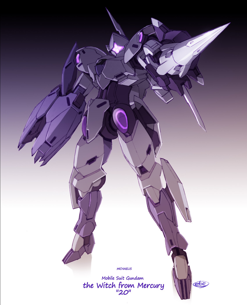 arm_cannon assault_visor character_name copyright_name ebikawa_kanetake full_body glowing gradient_background gundam gundam_suisei_no_majo highres holding holding_polearm holding_weapon lance looking_at_viewer mecha michaelis_(mobile_suit) polearm robot signature solo weapon