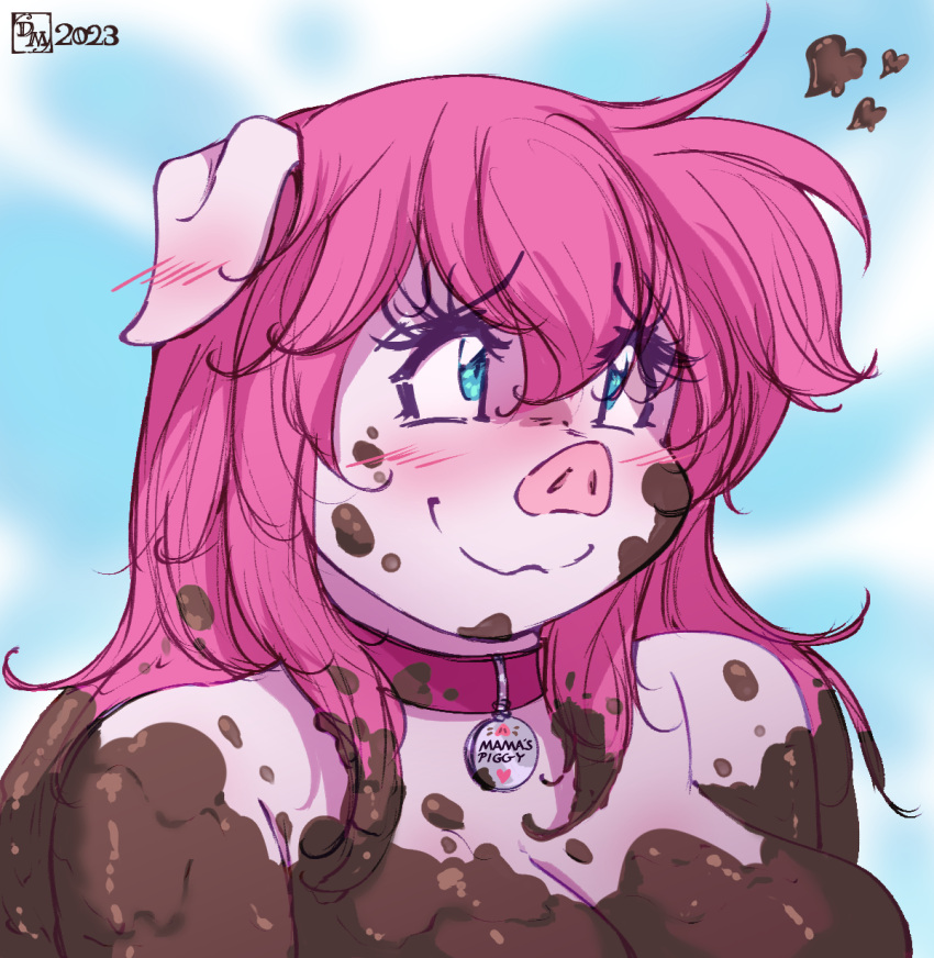 &lt;3 2023 anthro blue_eyes blush breasts bust_portrait collar dirty_talk domestic_pig doronkomajo eyebrows eyelashes female hair hi_res mammal mud muddy nude pink_body pink_hair portrait smile solo suid suina sus_(pig)