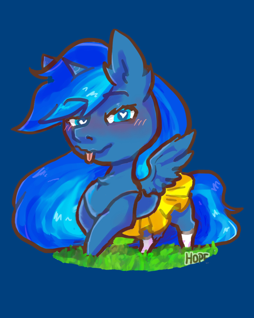 &lt;3 &lt;3_eyes azurebliss blue_body blue_eyes blue_fur blush bottomwear chest_tuft clothed clothing equid equine fan_character feral footwear fur hasbro herm hi_res hope_(artist) horn horse intersex mammal my_little_pony no_underwear pony pose sapphiremoon_(azurebliss) sapphiremoon_(oc) skirt socks solo spread_wings tongue tongue_out tuft winged_unicorn wings yellow_bottomwear yellow_clothing yellow_skirt