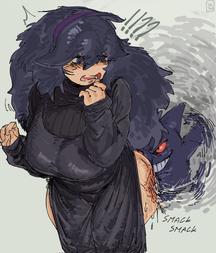 1girl @_@ alternate_breast_size ass bags_under_eyes breasts gengar hairband hex_maniac_(pokemon) highres khentaiu large_breasts long_hair messy_hair open_mouth pokemon pokemon_(creature) pokemon_(game) pokemon_xy purple_eyes purple_hair purple_hairband smile spanked teeth very_long_hair