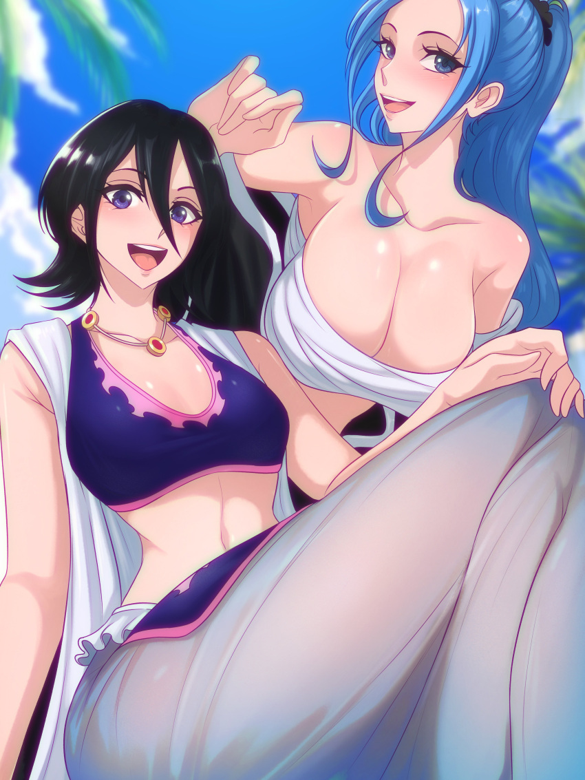 2girls absurdres black_hair bleach blue_eyes blue_hair breasts cleavage company_connection cosplay costume_switch crossover highres kuchiki_rukia large_breasts long_hair medium_breasts multiple_girls nefertari_vivi one_piece opalis open_mouth ponytail purple_eyes sarashi shinigami short_hair sitting small_breasts smile
