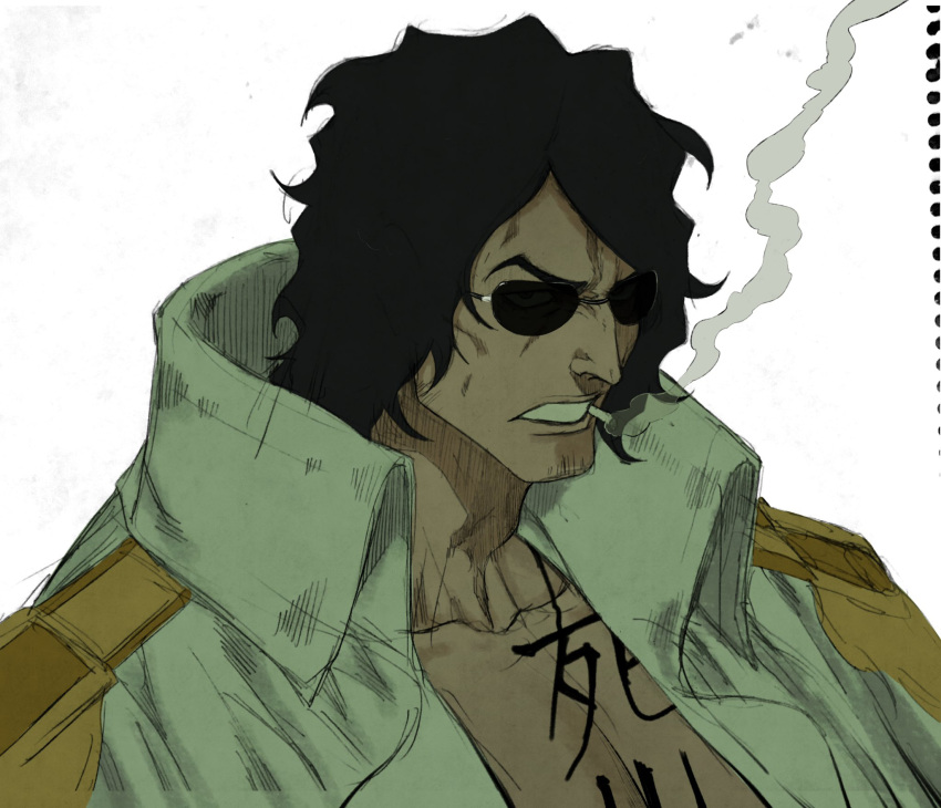 1boy aramaki_(ryokugyu) bake_ryori black_hair chest_tattoo cigarette coat coat_on_shoulders curly_hair epaulettes high_collar highres muscular muscular_male one_piece open_clothes open_mouth portrait short_hair simple_background smoking sunglasses tattoo white_background