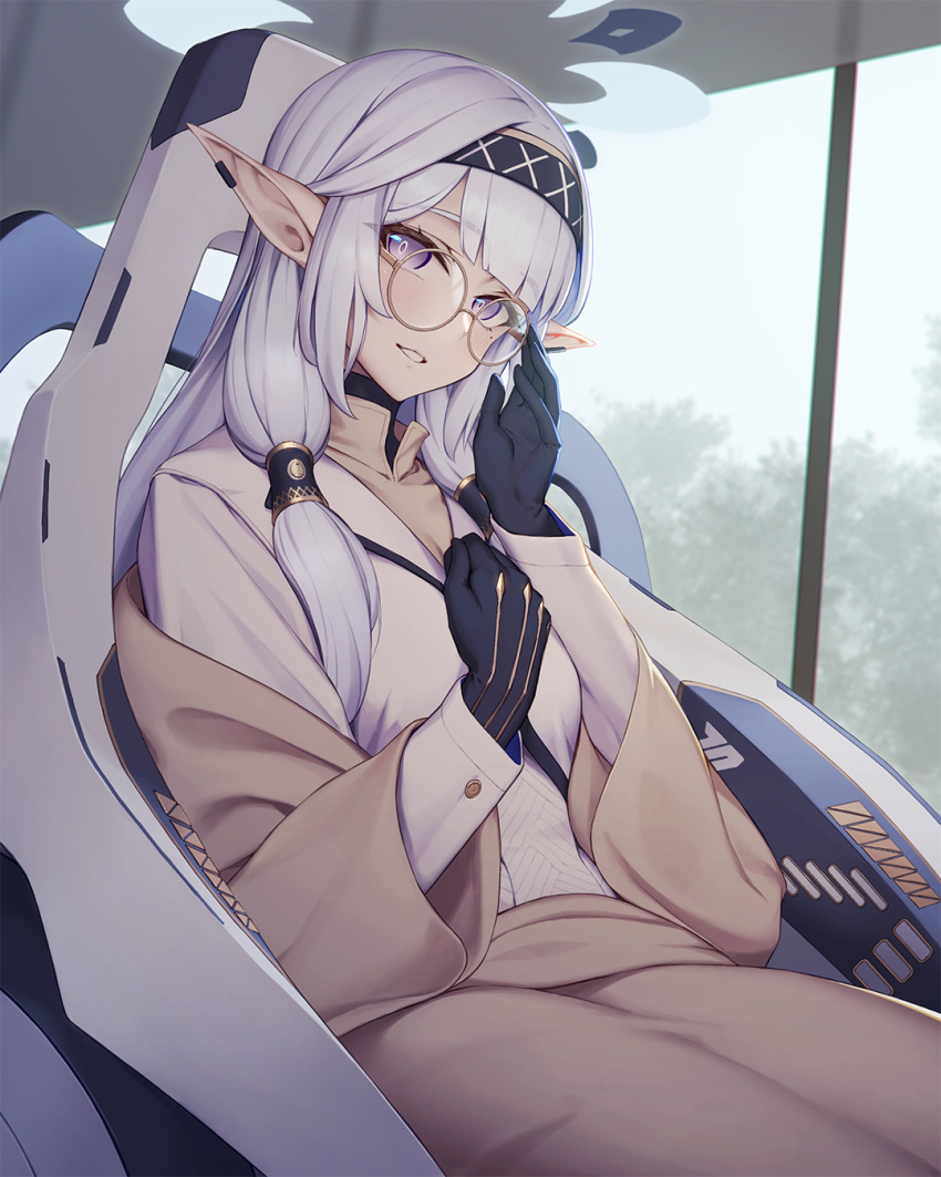 1girl black_gloves blue_archive blush breasts glasses gloves hair_ornament hair_tubes hairband halo hand_on_eyewear highres himari_(blue_archive) indoors jacket long_hair long_sleeves looking_at_viewer medium_breasts mole mole_under_eye open_clothes parted_lips pointy_ears powered_wheelchair purple_eyes rotix round_eyewear sitting smile solo striped striped_hairband wheelchair white_hair