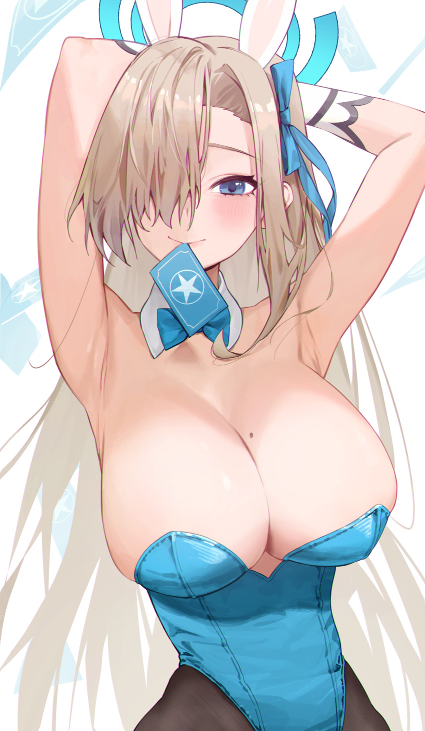 1girl animal_ears armpits arms_up asuna_(blue_archive) asuna_(bunny)_(blue_archive) asymmetrical_bangs black_pantyhose blue_archive blue_bow blue_bowtie blue_eyes blue_halo blue_leotard blue_ribbon blush bow bowtie breasts card card_in_mouth cleavage closed_mouth commentary cowboy_shot detached_collar fake_animal_ears gloves hair_over_one_eye hair_ribbon halo highres large_breasts leotard light_brown_hair long_hair looking_at_viewer mole mole_on_breast mouth_hold official_alternate_costume pantyhose playboy_bunny punyong827 rabbit_ears ribbon simple_background smile solo strapless strapless_leotard white_background white_gloves