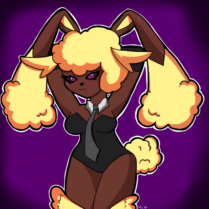 1:1 2023 absurd_res anthro blush breasts brown_body clothed clothing colored digital_drawing_(artwork) digital_media_(artwork) female fur generation_4_pokemon hair hi_res human lagomorph leporid looking_at_viewer lopunny mammal nintendo pokemon pokemon_(species) purple_eyes rabbit shaded signature solo tail youkairyu