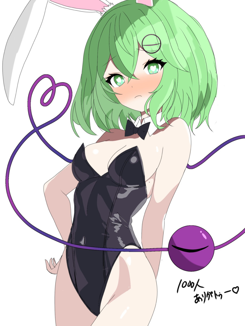 1girl animal_ears black_bow black_bowtie black_leotard blush bow bowtie breasts cleavage closed_mouth commentary_request covered_navel cowboy_shot crossed_bangs detached_collar green_eyes green_hair heart heart-shaped_pupils heart_of_string highres komeiji_koishi leotard looking_at_viewer medium_breasts milestone_celebration rabbit_ears short_hair simple_background solo symbol-shaped_pupils third_eye tokihakonbu touhou white_background