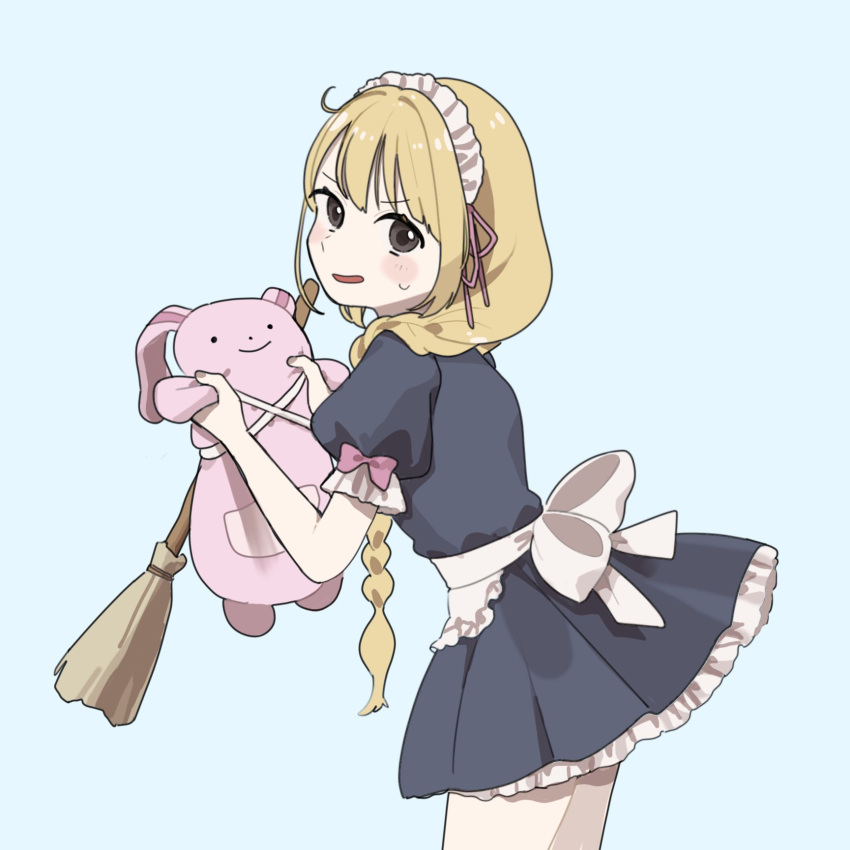 1girl apron aqua_background black_dress black_eyes blonde_hair blush_stickers broom commentary_request cowboy_shot dress futaba_anzu hair_over_shoulder highres holding holding_broom holding_stuffed_toy idolmaster idolmaster_cinderella_girls long_braid looking_at_viewer maid maid_headdress open_mouth short_sleeves simple_background sks_(s3_rosquilla) solo stuffed_animal stuffed_rabbit stuffed_toy sweatdrop