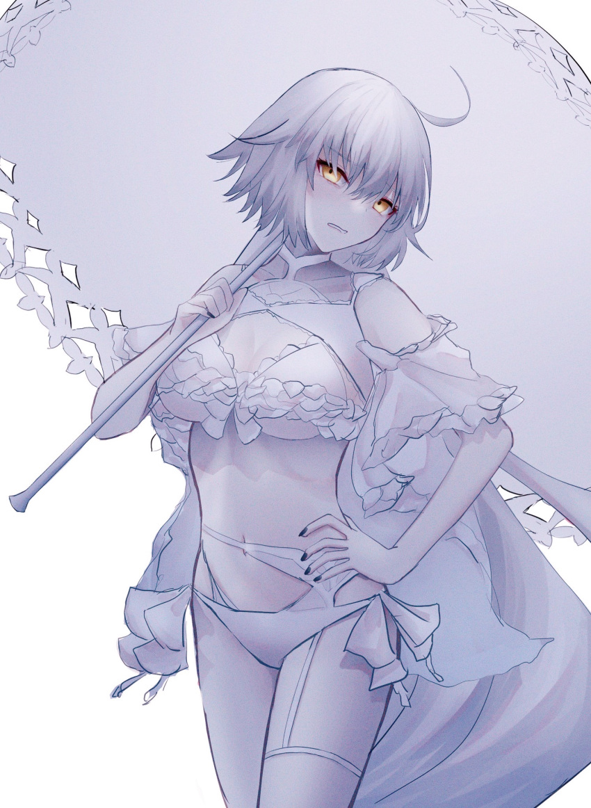 1girl ahoge alternate_costume bikini black_nails breasts cleavage commentary_request cosplay fate/grand_order fate_(series) fingernails grey_hair hand_on_own_hip highres holding holding_umbrella jeanne_d'arc_alter_(fate) lady_avalon_(fate) lady_avalon_(fate)_(cosplay) long_hair looking_at_viewer medium_breasts merlin_(fate/prototype) navel pale_skin parasol roro_982 simple_background solo stomach swimsuit umbrella very_long_hair white_background white_bikini white_umbrella yellow_eyes