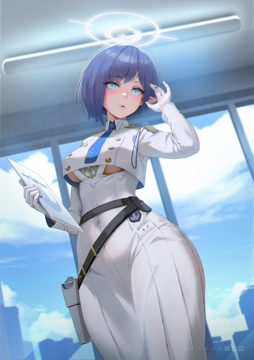 1girl absurdres aoi_(blue_archive) arm_up belt blue_archive blue_eyes blue_hair blue_necktie blue_sky blush breasts building cloud collared_jacket covered_navel cowboy_shot crop_top crop_top_overhang cropped_jacket day dress gloves hair_between_eyes halo hand_up highres holding huykho192 jacket long_sleeves looking_at_viewer medium_breasts mole mole_under_eye necktie open_mouth outdoors parted_lips pointy_ears shirt short_hair short_sleeves skirt sky smile solo standing white_dress white_gloves white_jacket white_uniform wings