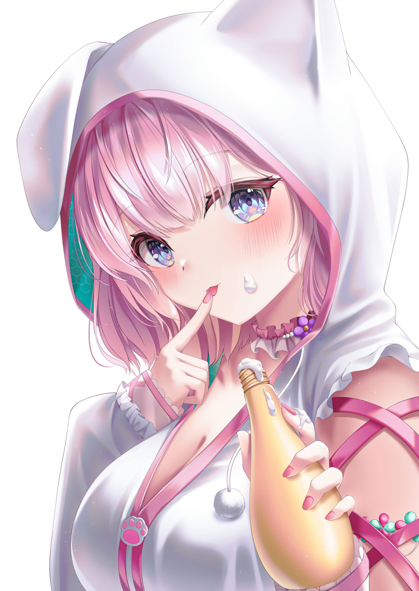 1girl :3 absurdres animal_hood armband blush bottle breasts choker cleavage commentary cream finger_to_mouth fingernails flower_collar hakui_koyori hakui_koyori_(3rd_costume) hexagon_print highres holding holding_bottle hololive hood hoodie large_breasts long_sleeves looking_at_viewer medium_hair nail_polish paw_ornament pink_choker pink_hair pink_nails purple_eyes shira_jun simple_background solo tongue tongue_out two-tone_choker virtual_youtuber white_background white_choker white_hoodie wolf_girl zipper
