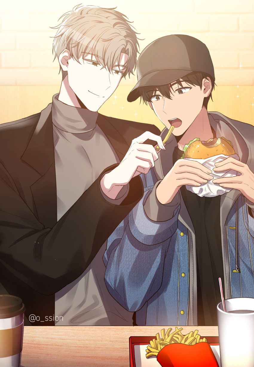 absurdres black_coat blue_jacket brick_wall brown_headwear burger closed_mouth coat cup disposable_cup eating food french_fries grey_hoodie hat highres holding holding_food hood hoodie ilay_riegrow jacket jacket_over_hoodie jeong_taeui o_ssion open_mouth passion_(manhwa) shared_food smile soda table white_hair