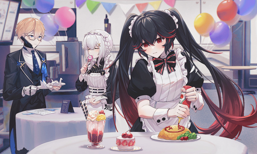 1boy 2girls apron black_dress black_hair black_pants blonde_hair blue_necktie bow bowtie broccoli butler candy cherry_tomato closed_eyes closed_mouth dress food food_writing frilled_apron frills glasses gradient_hair grey_hair hair_between_eyes hair_ornament highres holding holding_candy holding_food holding_lollipop ice_cream_cup ketchup_bottle lee:_hyperreal_(punishing:_gray_raven) liv:_empyrea_(punishing:_gray_raven) lollipop long_sleeves lucia_(punishing:_gray_raven) maid_apron maid_headdress mechanical_hands multicolored_hair multiple_girls neck_ribbon necktie omelet omurice origami pants paper_crane punishing:_gray_raven red_eyes red_hair ribbon shirt short_hair single_mechanical_hand smoking streaked_hair striped striped_ribbon table tomato twintails white_shirt x_hair_ornament zhou_huan_(dgpe2833)