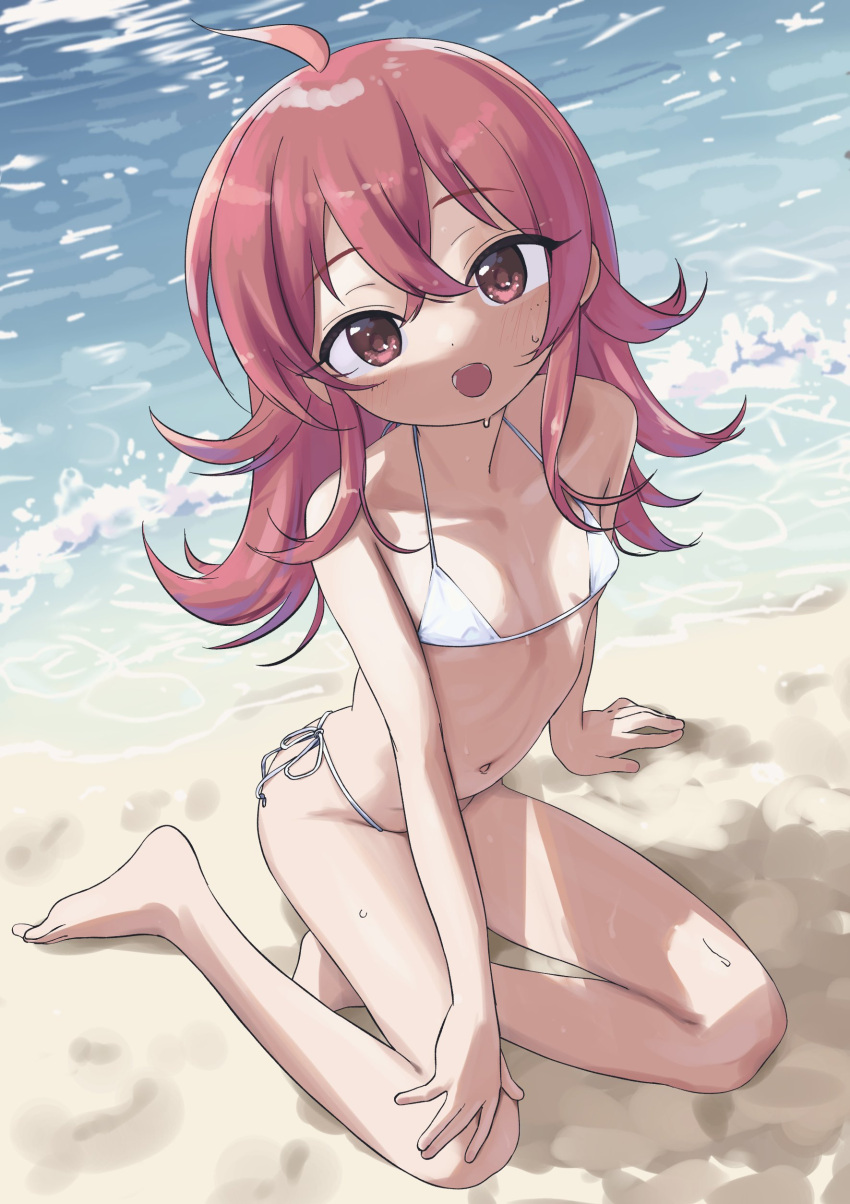 1girl absurdres ahoge barefoot beach bikini blush bouen breasts crossed_bangs day full_body highres idolmaster idolmaster_shiny_colors komiya_kaho long_hair looking_at_viewer navel open_mouth outdoors red_eyes red_hair sand shore sitting small_breasts smile solo sunlight swimsuit water wet white_bikini yokozuwari