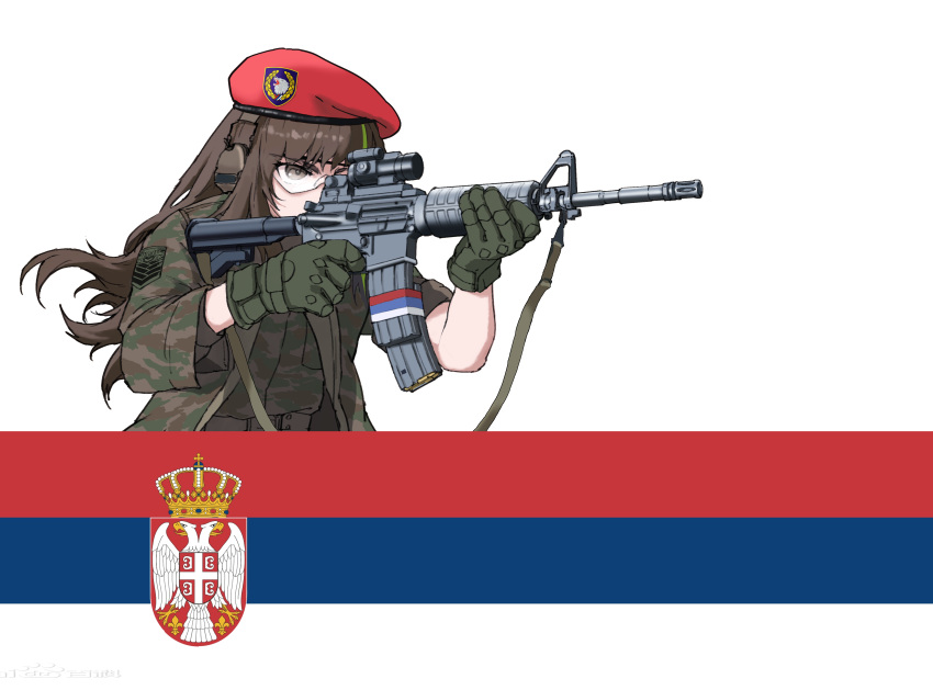 absurdres aiming assault_rifle beret brown_hair camouflage ear_protection girls'_frontline gloves green_gloves gun hat highres lzbt_kpv m4_carbine m4a1_(girls'_frontline) red_headwear rifle safety_glasses scope serbian_flag strap weapon