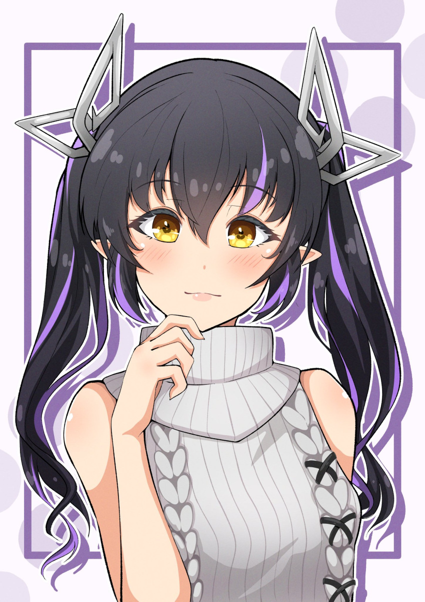 1girl aran_sweater bare_shoulders black_hair blush breasts cable_knit closed_mouth commentary demon_girl demon_horns drop_shadow finger_to_own_chin grey_sweater hand_up highres horns kojo_anna kojo_anna_(3rd_costume) long_hair looking_at_viewer medium_breasts meme_attire multicolored_hair nanashi_inc. official_alternate_costume outline pointy_ears purple_hair ribbed_sweater robou_no_stone sleeveless sleeveless_sweater smile solo streaked_hair sweater turtleneck turtleneck_sweater twintails two-tone_hair upper_body virgin_killer_sweater virtual_youtuber white_outline yellow_eyes
