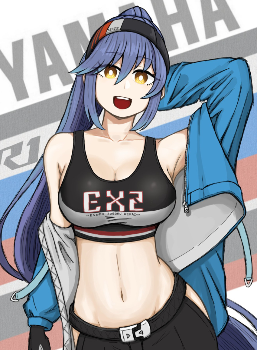 1girl :d azur_lane belly blue_hair breasts essex_(a_trip_down_route_66)_(azur_lane) essex_(azur_lane) hands_up highres jacket long_hair looking_at_viewer medium_breasts nagabegi_(ryuuboku) navel open_clothes open_jacket open_mouth ponytail smile solo sugoi_dekai tank_top yellow_eyes