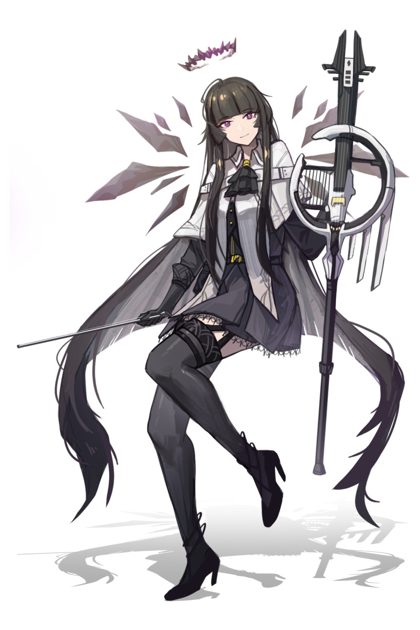 1girl antenna_hair arknights ascot backlighting balancing belt belt_buckle belt_pouch black_ascot black_belt black_bustier black_footwear black_garter_straps black_gloves black_halo black_pouch black_shirt black_skirt black_thighhighs black_wings blunt_bangs bow_(music) broken_halo buckle bustier buttons cello chinese_commentary closed_mouth collared_jacket colored_inner_hair commentary_request dark_halo detached_wings dress_shirt en_pointe energy_wings from_side full_body garter_straps gloves grey_hair halo hand_up high_heels highres hime_cut holding holding_bow_(music) holding_instrument holding_violin instrument invisible_floor jacket layered_sleeves leg_up light_smile long_hair long_sleeves looking_at_viewer miniskirt mole mole_under_eye multicolored_hair pale_skin pleated_skirt pouch purple_eyes shirt short_over_long_sleeves short_sleeved_jacket short_sleeves sidelocks silhouette simple_background skirt solo standing standing_on_one_leg strappy_heels taoxisama thighhighs tiptoes two-tone_hair very_long_hair violin virtuosa_(arknights) white_background white_belt white_jacket wide_sleeves wing_collar wings zettai_ryouiki