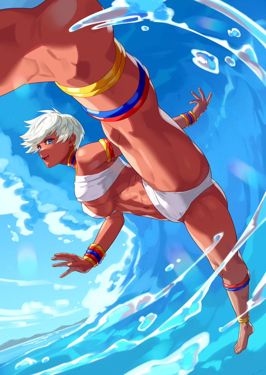 1girl blue_eyes bracelet dark-skinned_female dark_skin earrings elena_(street_fighter) highres jewelry kicking looking_at_viewer ocean street_fighter white_hair yagi2013