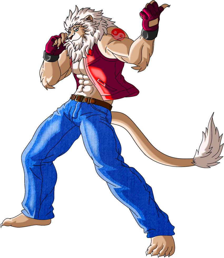 5_toes alpha_channel anthro bottomwear clay_calloway_(sing) clothing fatal_fury feet felid fluffy gloves handwear hi_res humanoid illumination_entertainment lion male male/male mammal muscular pantherine pants pecs sing_(movie) smile snk solo symbol terry_bogard toes vixol yin_yang