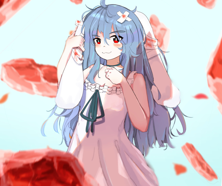 :3 ahoge animal_ears bandages black_choker black_ribbon blood blood_stain blue_hair blush choker cowboy_shot dress food hair_between_eyes highres indie_virtual_youtuber long_hair looking_at_viewer lop_rabbit_ears para_(vtuber) rabbit_ears rabbit_girl red_eyes ribbon steak sundress vanilla_flan virtual_youtuber white_background white_dress