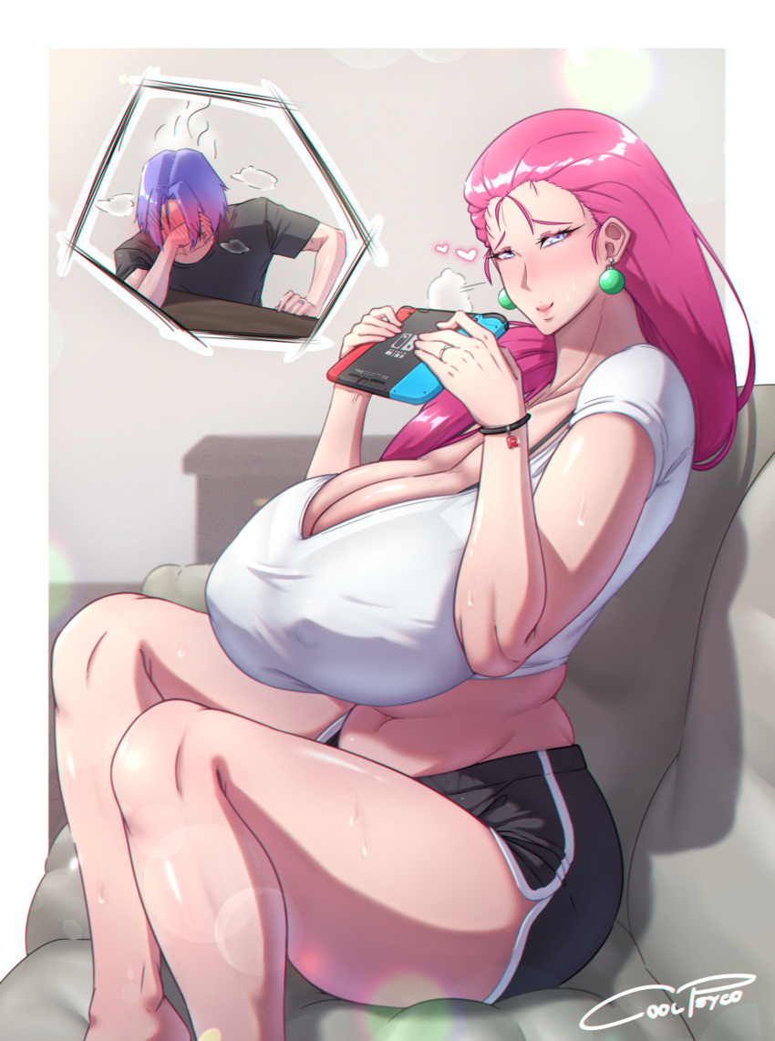 1boy 1girl absurdres alternate_breast_size barefoot belly black_shorts blue_eyes blue_hair blush bra_strap breasts casual cleavage commentary coolpsyco couch couple covered_nipples dolphin_shorts earrings english_commentary full-face_blush handheld_game_console heart hetero highres holding holding_handheld_game_console huge_breasts inset james_(pokemon) jessie_(pokemon) jewelry long_hair mature_female nintendo_switch plump pokemon pokemon_(anime) pokemon_(classic_anime) purple_hair shorts sitting solo_focus sweat team_rocket very_long_hair