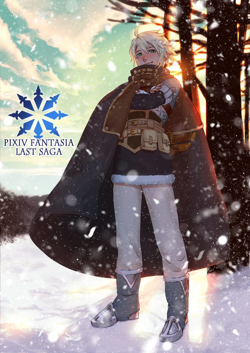 1boy absurdres ahoge bare_tree belt boots brown_cape brown_scarf cape cloud coat copyright_name crossed_arms day hair_between_eyes highres male_focus multiple_belts outdoors pixiv_fantasia pixiv_fantasia_last_saga pointy_ears pouch scarf sheath sheathed snow snowing solo soymilk_00 standing tree white_hair