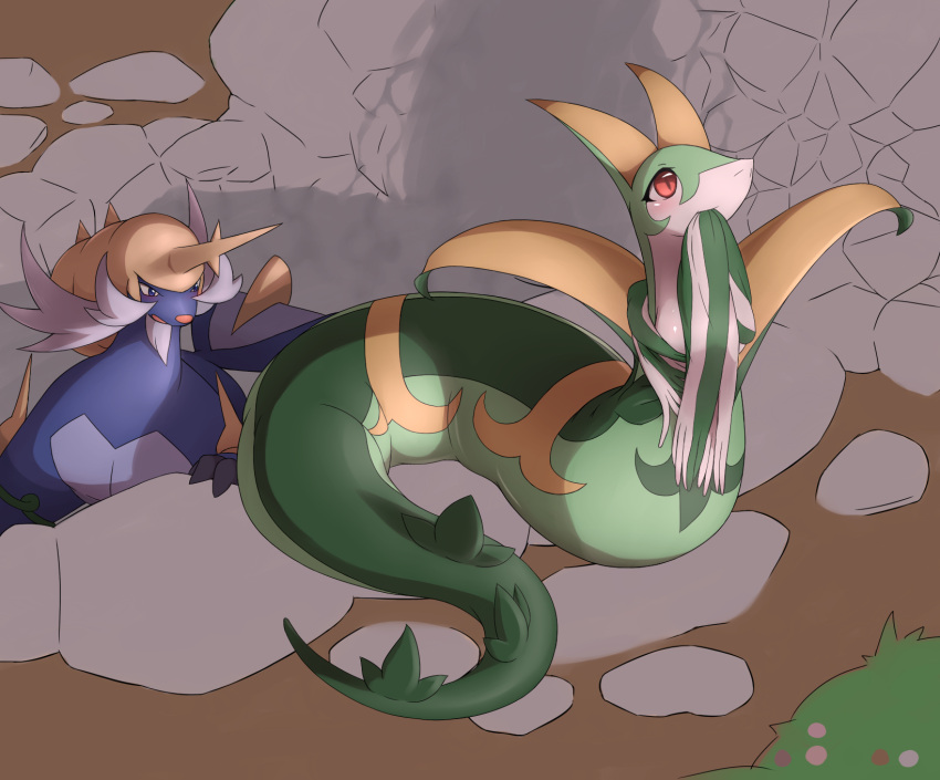 ambiguous_gender blue_body blue_eyes breasts detailed_background duo female feral generation_5_pokemon green_body hi_res kajinchu nintendo pokemon pokemon_(species) quadruped red_eyes samurott scarf serperior white_body yellow_body