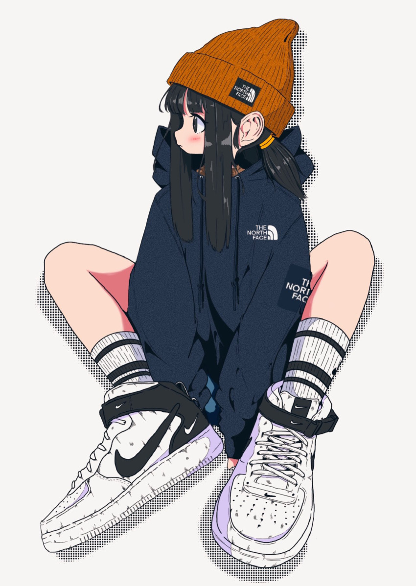 1girl beanie between_legs black_eyes black_hair closed_mouth commentary drawstring drop_shadow full_body grey_hoodie hand_between_legs hat highres hood hood_down hoodie long_hair long_sleeves looking_to_the_side nao97122 nike nike_air_force_1 orange_headwear original profile ribbed_socks shoes short_twintails sidelocks sitting sneakers socks solo the_north_face twintails white_footwear white_socks