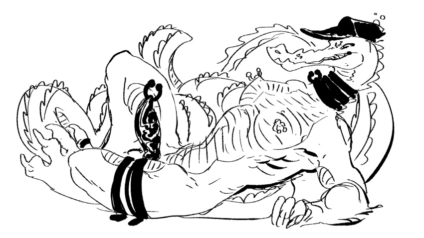 16:9 alligator alligatorid crocodilian genital_piercing genitals hi_res kobold kobold_orion koboldorion monochrome orion piercing reptile scalie widescreen