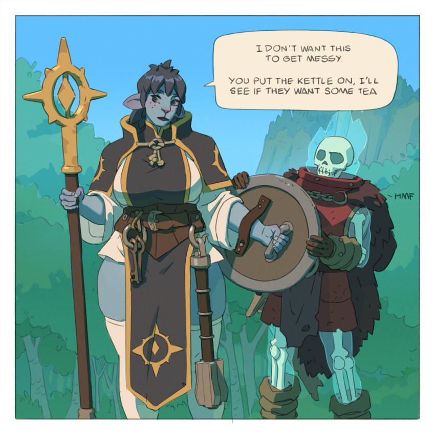 ambiguous_gender animated_skeleton anthro big_breasts bone breasts clothing comic duo english_text female firbolg firbolg_cleric_(saintmonstre) grass hi_res mace melee_weapon mountain outside plant saintmonstre shield skeleton sky sulfor_the_terrible_(saintmonstre) text undead weapon wide_hips