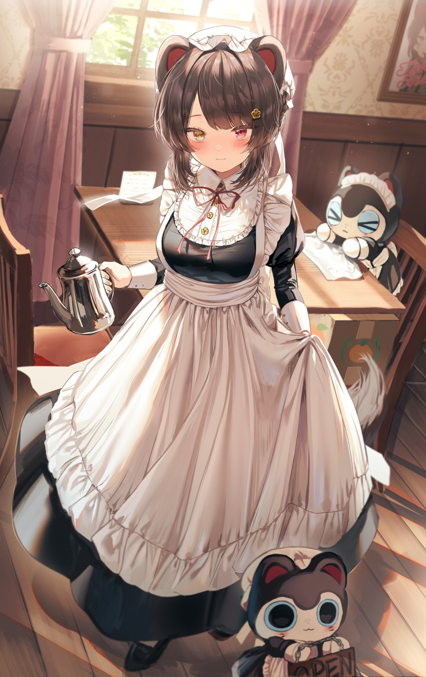 1girl :3 absurdres animal_ears apron black_dress black_footwear bloom blunt_bangs blush box breasts brown_hair cardboard_box commentary curtains dog dog_ears dog_girl dress flower frilled_apron frills hair_flower hair_ornament heterochromia highres holding holding_teapot indoors inui_toko juliet_sleeves light_particles living_plush long_sleeves looking_at_viewer maid_apron maid_day maid_headdress medium_breasts medium_hair neck_ribbon nijisanji official_alternate_costume open_sign picture_frame puffy_sleeves red_eyes red_ribbon ribbon sidelocks smile solo sunlight table teapot virtual_youtuber waist_apron wallpaper_(object) white_apron window window_shade wiping_table wooden_floor wooden_wall wrist_cuffs y_o_u_k_a yellow_eyes
