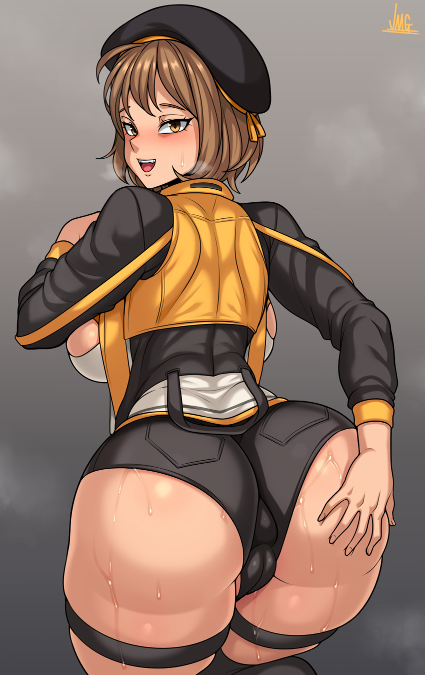 1girl absurdres anis_(nikke) ass beret blush breasts brown_hair cameltoe goddess_of_victory:_nikke hand_on_own_ass hat highres huge_ass huge_breasts jmg naughty_face short_hair short_shorts shorts skindentation sweat thick_thighs thigh_strap thighs wide_hips