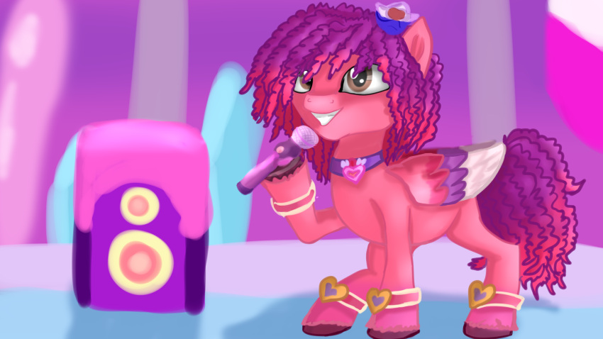 accessory bracelet equid equine female flower flower_in_hair hair hair_accessory hi_res horse jbond jewelry mammal microphone pegasus plant pony ruby_jubilee_(mlp) singing smile smirk solo wings