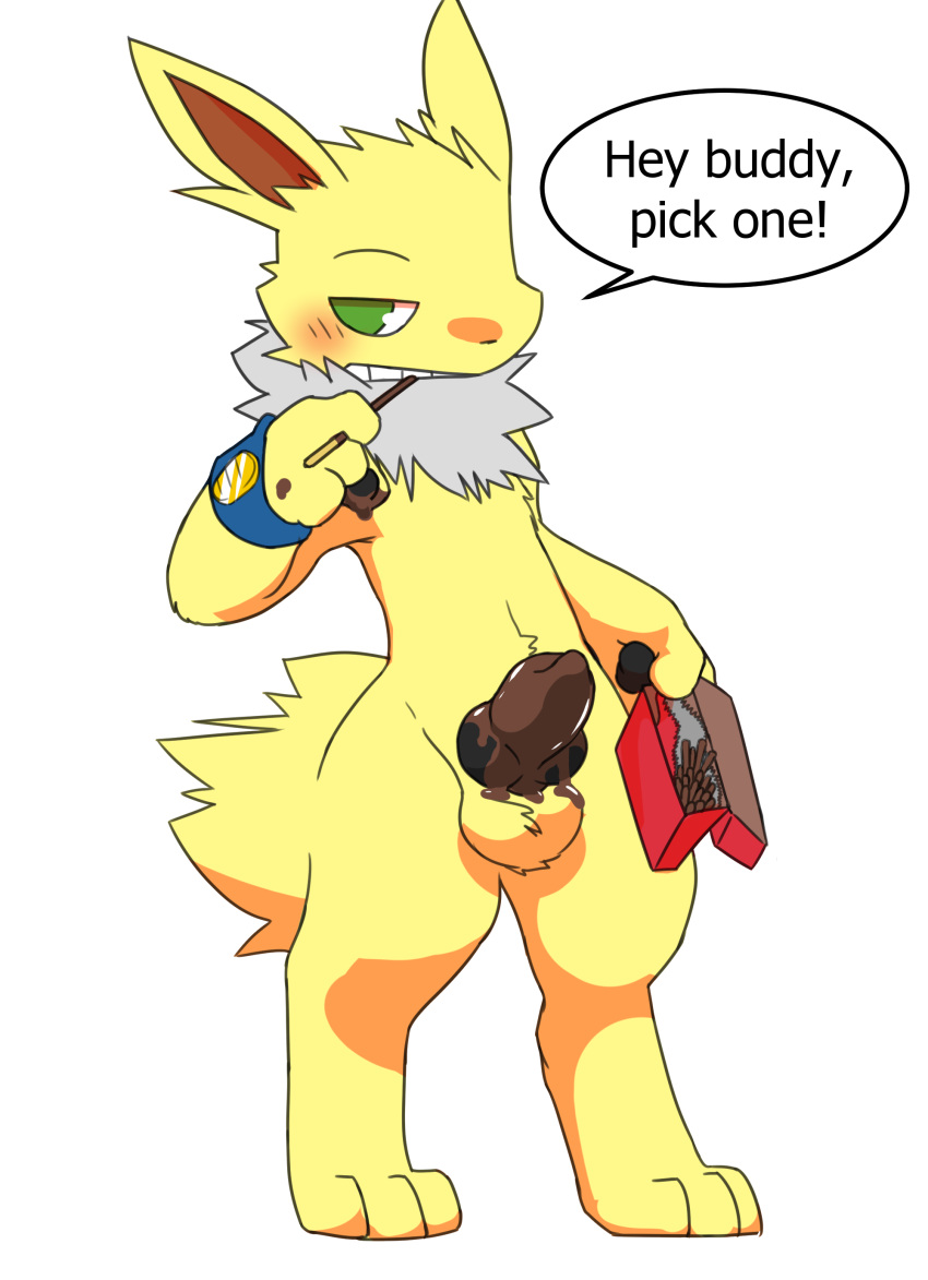 absurd_res animal_genitalia animal_penis balls blush canine_genitalia canine_penis digital_media_(artwork) eeveelution erection food food_fetish food_play generation_1_pokemon genitals hi_res jetta_the_jolteon jolteon knot looking_at_viewer male miau nintendo nude penis pocky pokemon pokemon_(species) semi-anthro simple_background solo speech_bubble standing text wristband