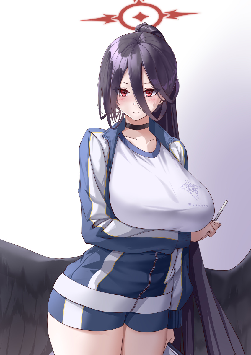 1girl absurdres arm_under_breasts black_choker black_hair black_wings blue_archive blue_jacket blue_shorts breast_hold breasts choker closed_mouth cowboy_shot feathered_wings gym_shirt gym_shorts gym_uniform halo hasumi_(blue_archive) hasumi_(track)_(blue_archive) highres huge_breasts jacket kaijiba large_wings legs_together long_hair looking_at_viewer low_wings mole mole_under_eye official_alternate_costume partially_unzipped red_eyes red_halo shirt shorts simple_background solo standing track_jacket white_shirt wings