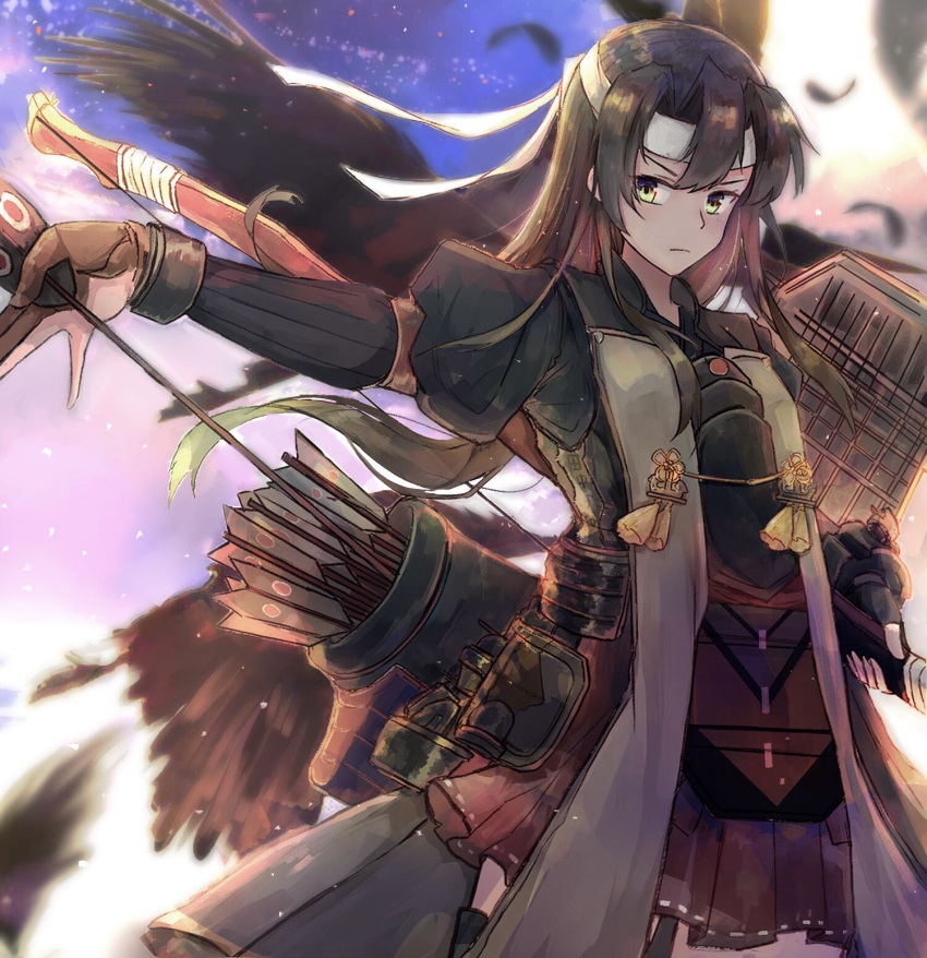 1girl archery_shooting_glove arrow_(projectile) axleaki bird blurry blurry_background bow_(weapon) closed_mouth commentary_request cowboy_shot gloves green_hair hairband hakama hakama_short_skirt hakama_skirt highres holding holding_arrow holding_bow_(weapon) holding_weapon japanese_clothes juliet_sleeves kantai_collection long_hair long_sleeves looking_at_viewer miniskirt partially_fingerless_gloves pleated_skirt puffy_sleeves quiver red_skirt skirt solo variant_set weapon yellow_eyes zettai_ryouiki zuikaku_(kancolle) zuikaku_kai_ni_(kancolle)