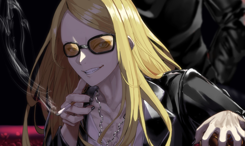 1boy black_jacket black_nails blonde_hair blurry blurry_background cigarette fate/grand_order fate_(series) highres holding holding_cigarette jacket jewelry long_hair looking_at_viewer male_focus necklace open_clothes open_jacket orange-tinted_eyewear smoke sunglasses takotobuta tezcatlipoca_(fate) tinted_eyewear upper_body