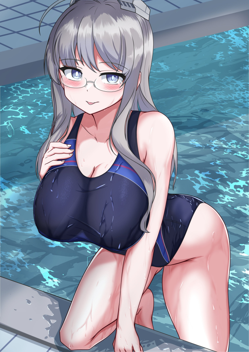 absurdres blue_eyes breasts collarbone competition_swimsuit glasses grey_hair headgear heywood_l._edwards_(kancolle) highres huge_breasts kantai_collection long_hair one-piece_swimsuit pool swimsuit tokiwa_senkei tongue tongue_out wet wet_clothes wet_swimsuit