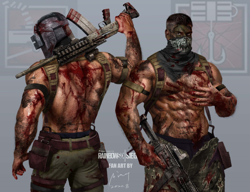 2boys abs absurdres artbyming back bandana bara black_bandana black_hair black_male_underwear blood blood_on_body blood_on_clothes copyright_name dated facepaint green_pants gun helmet highres holding holding_gun holding_weapon kapkan_(rainbow_six_siege) large_pectorals male_focus male_underwear male_underwear_peek multiple_boys muscular muscular_male navel open_pants pants pectorals rainbow_six_siege short_hair tachanka_(rainbow_six_siege) topless_male underwear weapon