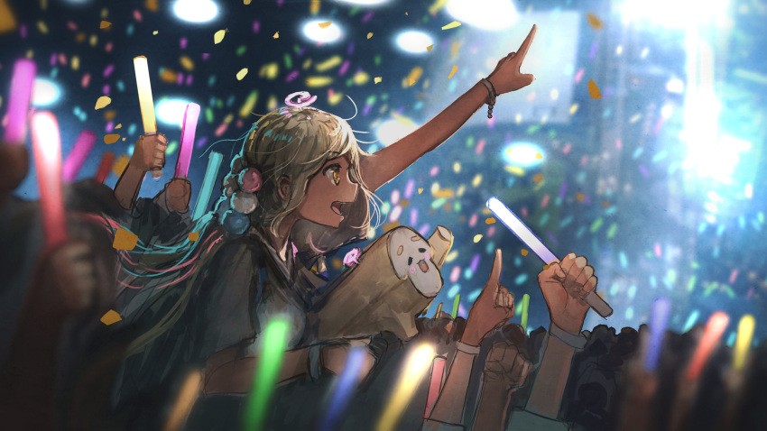 1girl :3 advarcher blonde_hair bracelet cheering concert confetti crowd dark-skinned_female dark_skin fist_pump glowstick hair_ornament highres holding_glowstick hololive hololive_english jewelry limiter_(tsukumo_sana) long_hair looking_to_the_side open_mouth planet_hair_ornament pointing pointing_up sanallite_(tsukumo_sana) short_sleeves tsukumo_sana twintails virtual_youtuber yellow_eyes