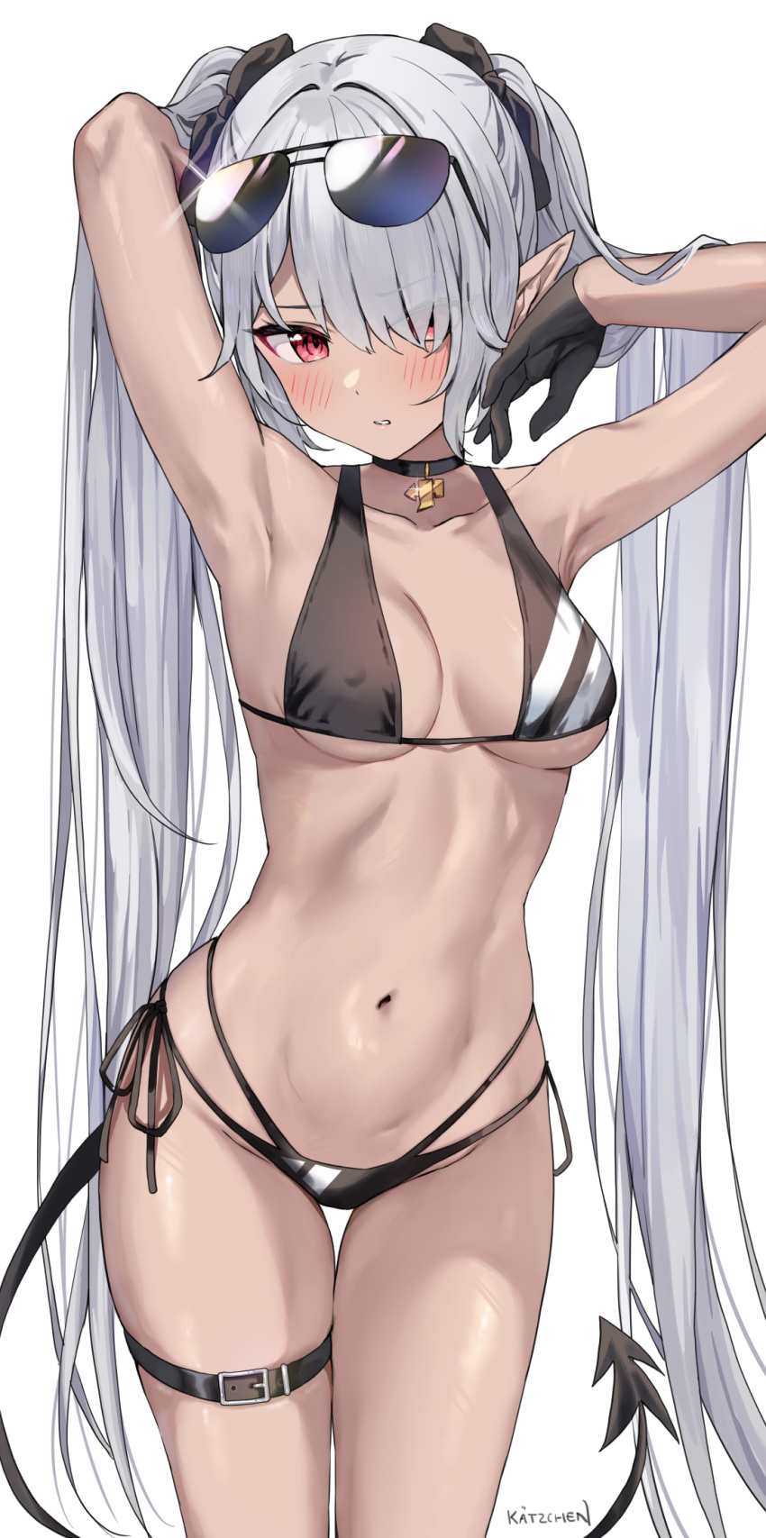 1girl arm_behind_head armpits arms_up bare_arms bare_shoulders bikini black_bikini black_choker black_gloves blue_archive bow breasts choker covered_nipples cowboy_shot dark-skinned_female dark_skin demon_tail eyewear_on_head glint gloves hair_bow hair_over_one_eye halterneck highres iori_(blue_archive) iori_(swimsuit)_(blue_archive) kaetzchen long_hair looking_at_viewer multi-strapped_bikini_bottom navel official_alternate_costume parted_lips pointy_ears red_eyes side-tie_bikini_bottom simple_background skindentation small_breasts solo standing stomach string_bikini sunglasses swimsuit tail thigh_gap thigh_strap thighs twintails very_long_hair white_background white_hair