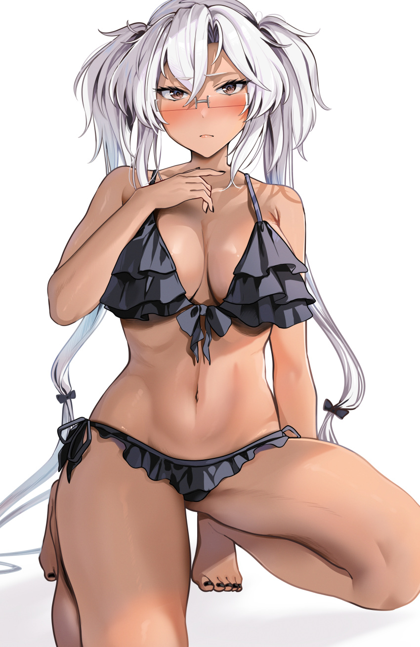 1girl absurdres alternate_costume bikini black_bikini black_nails breasts brown_eyes commentary_request dark-skinned_female dark_skin front-tie_bikini_top front-tie_top grey_hair hand_up highres kantai_collection kneeling large_breasts long_hair looking_at_viewer musashi_(kancolle) nail_polish navel semi-rimless_eyewear side-tie_bikini_bottom solo swimsuit toenail_polish toenails twintails two_side_up very_long_hair yunamaro